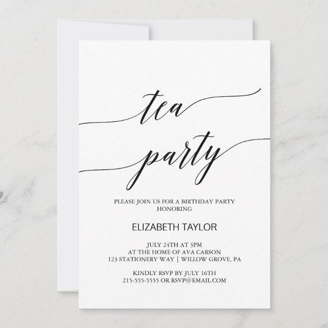 Elegant Black Calligraphy Tea Party Birthday Invitation (Front)