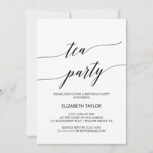 Elegant Black Calligraphy Tea Party Birthday Invitation