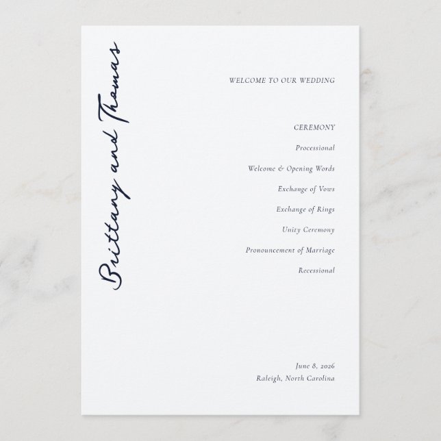 Elegant Black Calligraphy Wedding Ceremony Programme (Front)