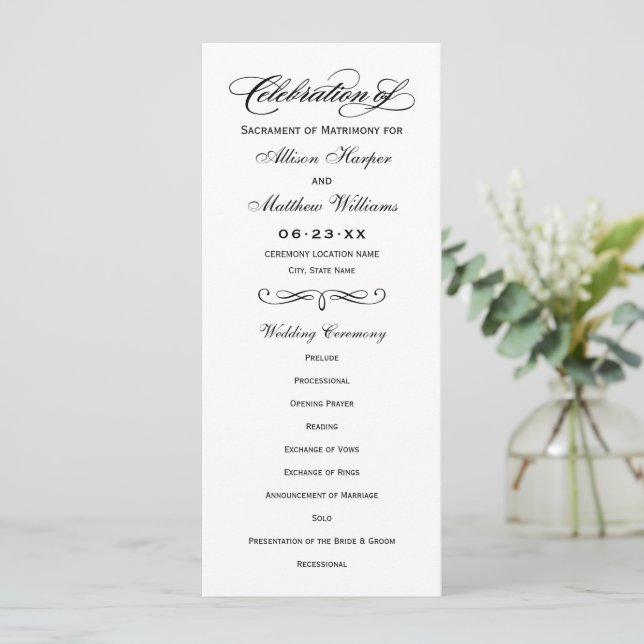 Elegant Black Calligraphy Wedding Ceremony Programme (Standing Front)