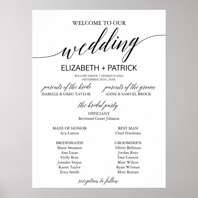 Elegant Black Calligraphy Wedding Program Poster (Front)