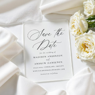 Elegant Black Calligraphy Wedding Save the Dates Acrylic Invitations