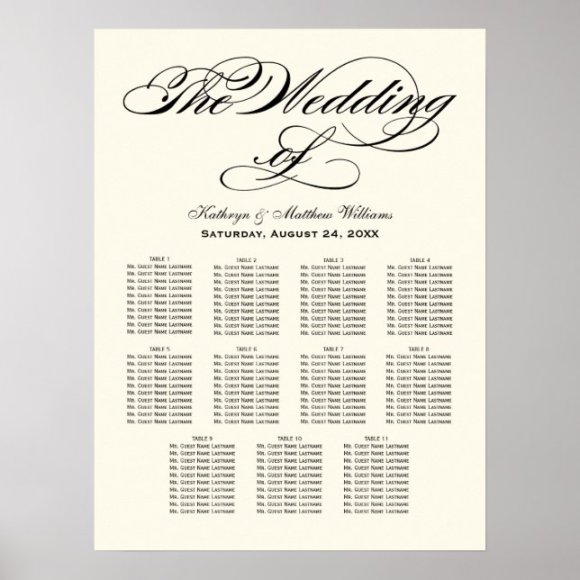 Elegant Black Calligraphy Wedding Seating Chart (Front)