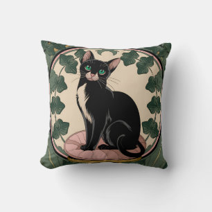 Elegant Black Cat Art Nouveau Cushion