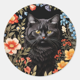 Elegant Black Cat Colorful Floral Classic Round Sticker