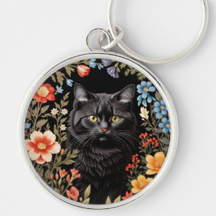 Elegant Black Cat Colorful Floral Key Ring