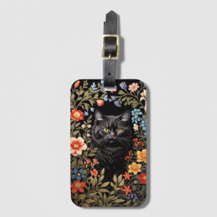 Elegant Black Cat Colorful Floral Luggage Tag