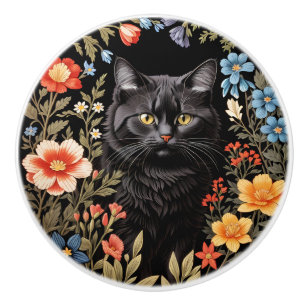 Elegant Black Cat Colourful Floral Ceramic Knob