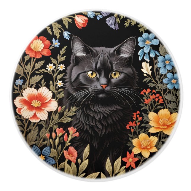 Elegant Black Cat Colourful Floral Ceramic Knob (Front)