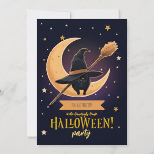 Elegant Black Cat Crescent Moon Broom Halloween Invitation
