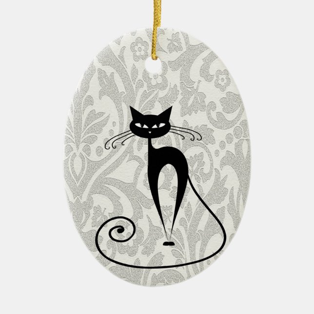 Elegant  black cat damask ceramic tree decoration (Front)