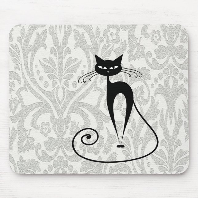Elegant  black cat damask mouse mat (Front)