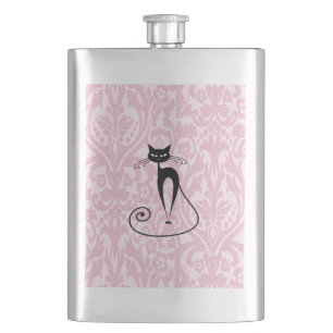 Elegant black cat damask vintage hip flask