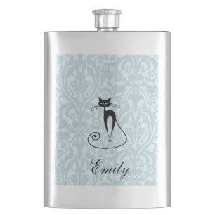 Elegant black cat damask vintage wedding hip flask