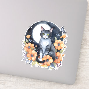 Elegant Black Cat Floral Moon Art Cat Lover