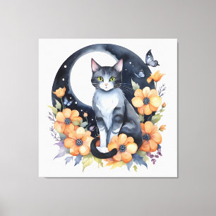 Elegant Black Cat Floral Moon Art Cat Lover Canvas Print