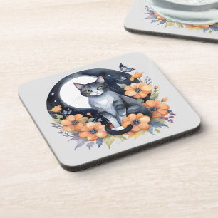 Elegant Black Cat Floral Moon Art Cat Lover Coaster