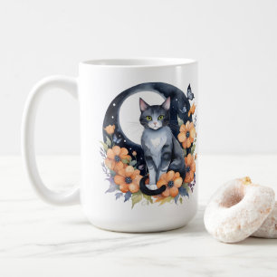 Elegant Black Cat Floral Moon Art Cat Lover Coffee Mug