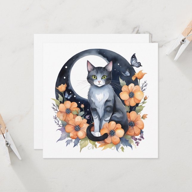 Elegant Black Cat Floral Moon Art Cat Lover Invitation (Front/Back In Situ)