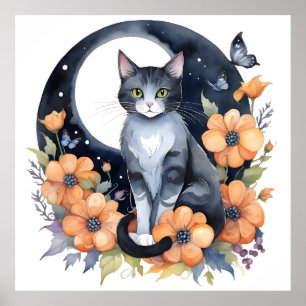 Elegant Black Cat Floral Moon Art Cat Lover Poster
