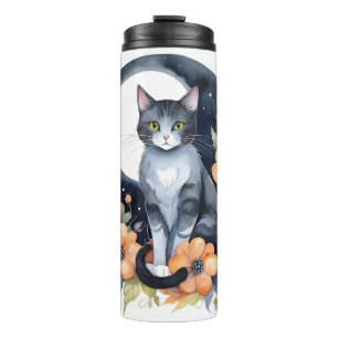 Elegant Black Cat Floral Moon Art Cat Lover Thermal Tumbler