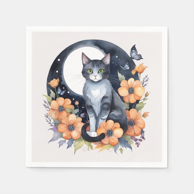 Elegant Black Cat Floral Moon Art - Nature-inspire Napkin (Front)
