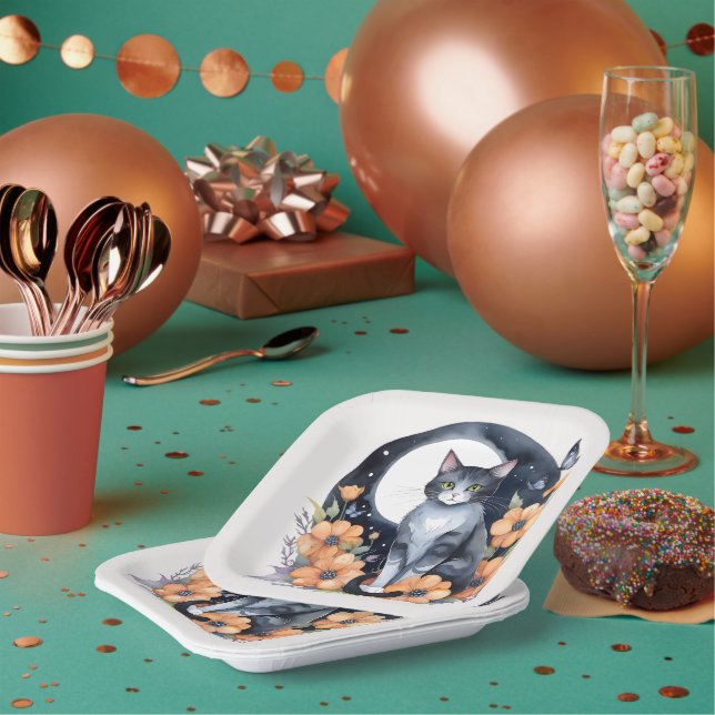 Elegant Black Cat Floral Moon Art - Nature-inspire Paper Plate (Multi)