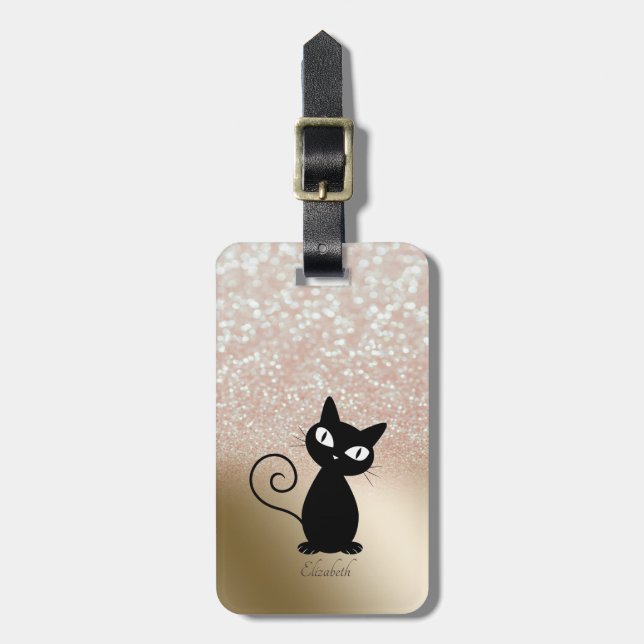 Elegant Black Cat, Glitter Bokeh - Personalised Luggage Tag (Front Vertical)