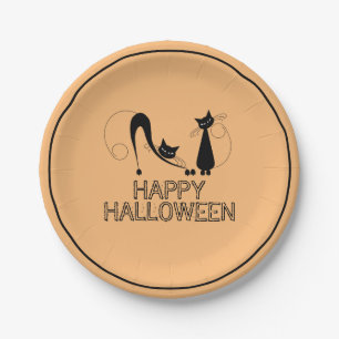 Elegant Black Cat, Happy Halloween Paper Plate