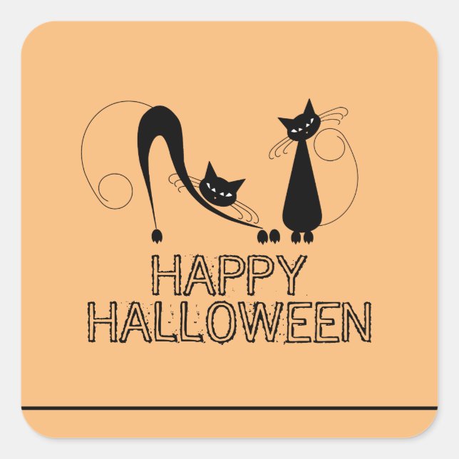 Elegant Black Cat, Happy Halloween Square Sticker (Front)