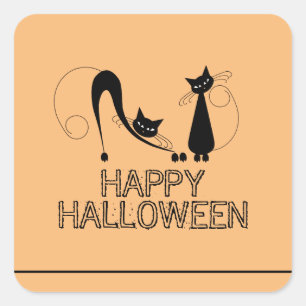 Elegant Black Cat, Happy Halloween Square Sticker