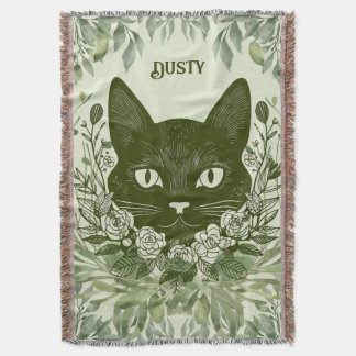 Elegant Black Cat in Foliage with Roses Throw Blanket