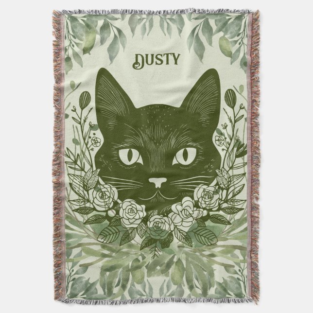 Elegant Black Cat in Foliage with Roses Throw Blanket (Front Vertical)