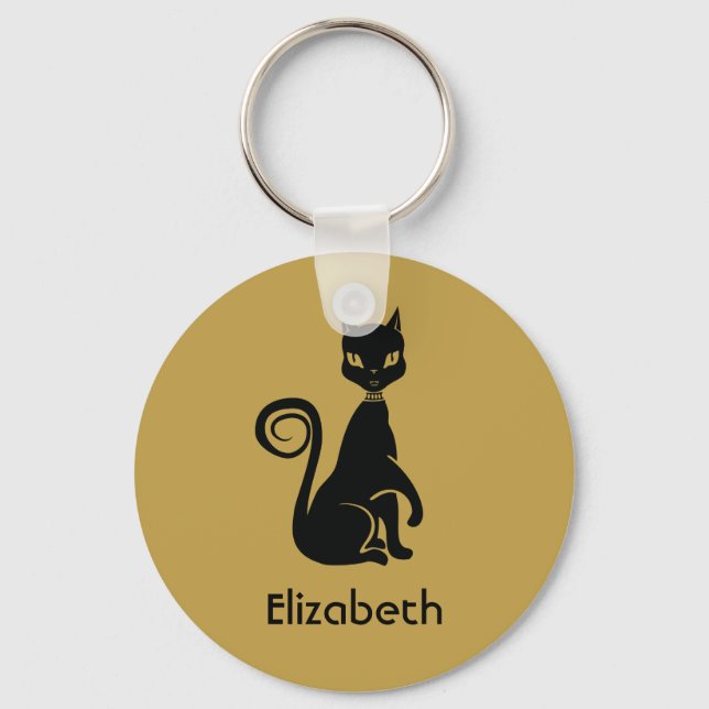 Elegant Black Cat on Gold Background Personalised Key Ring (Front)