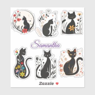 Elegant Black Cat Stickers with editable name