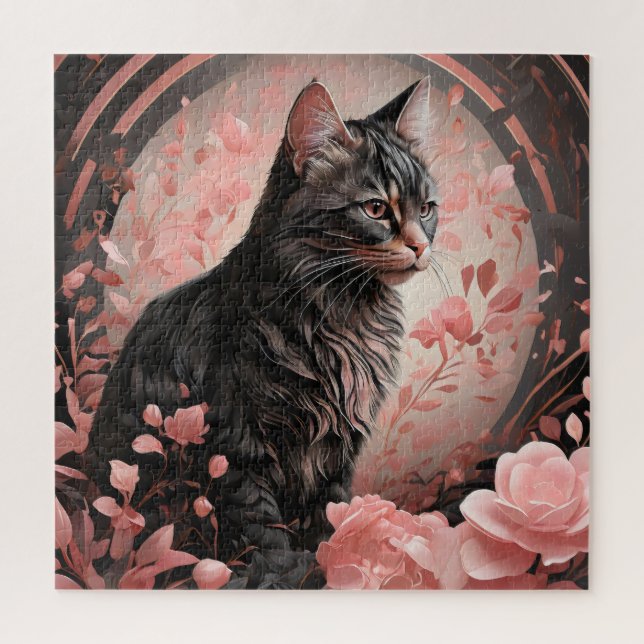 Elegant Black Cat Surrounded by Pink Flowers  Jigsaw Puzzle (Vertical)