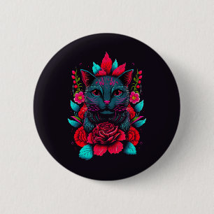 Elegant Black Cat Surrounded by Red Roses   6 Cm Round Badge