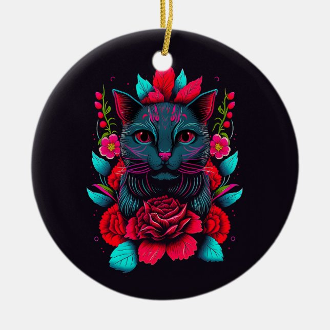 Elegant Black Cat Surrounded by Red Roses | Ceramic Tree Decoration (Front)