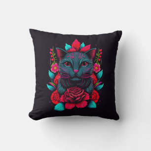 Elegant Black Cat Surrounded by Red Roses   Cushion