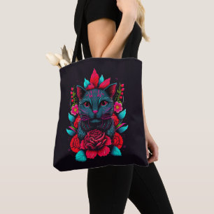 Elegant Black Cat Surrounded by Red Roses Tote Bag