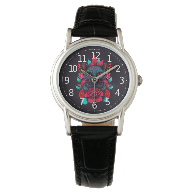 Elegant Black Cat Surrounded by Red Roses | Watch (Front)