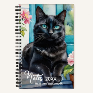 Elegant Black Cat Watercolor Art Personalized Notebook