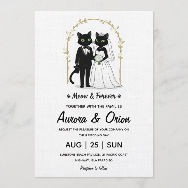 Elegant black cat wedding invitation (Front)