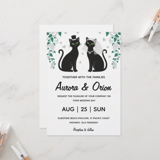 Elegant black cat wedding invitation (Front/Back In Situ)