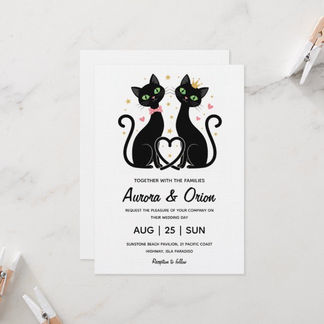 Elegant black cat wedding invitation (Front/Back In Situ)