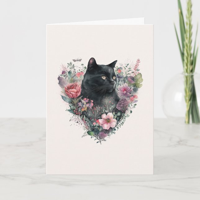 Elegant Black Cat with Flowers Valentine's Day Hol Holiday Card (Front)