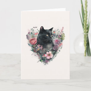 Elegant Black Cat with Flowers Valentine's Day Hol Holiday Card