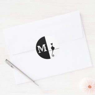 Elegant Black Cat with Inital Classic Round Sticker