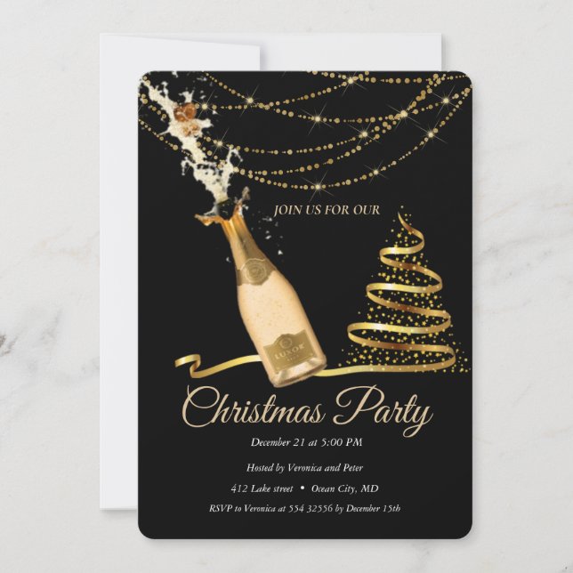 Elegant Black Champagne  Christmas Tree Invitation (Front)