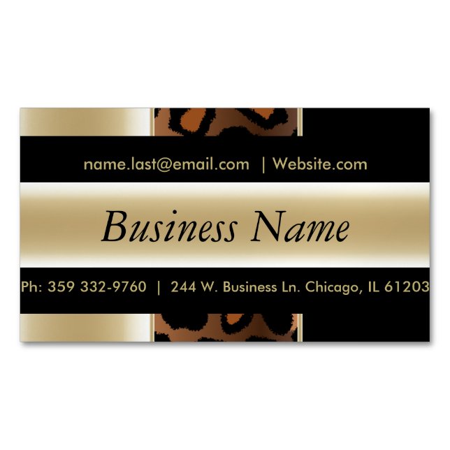 Elegant Black & Champagne Leopard Magnetic Business Card (Front)